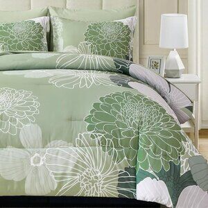 New 7 PC Bed In A Bag Sage Green Bohemian Floral Comforter Set • Queen Size